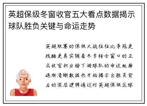 英超保级冬窗收官五大看点数据揭示球队胜负关键与命运走势